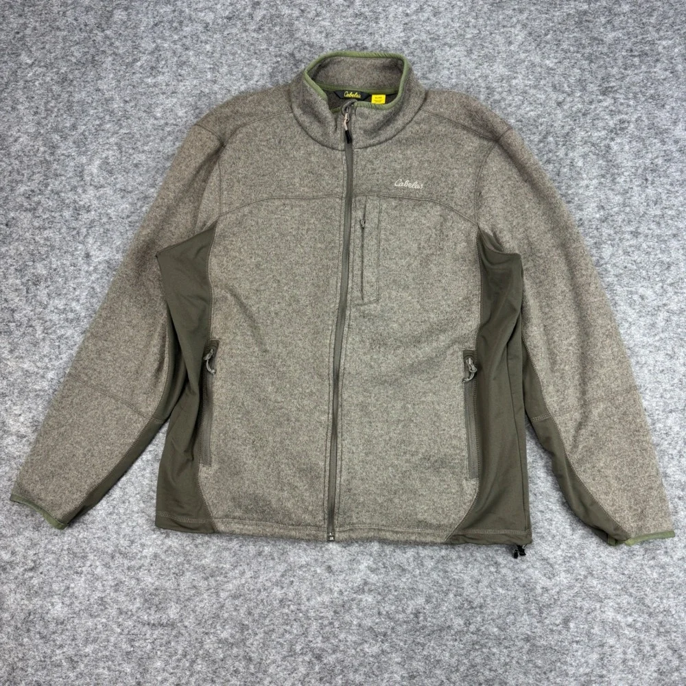 Cabelas Mens Fleece Full Zip Jacket XL Gray Green Trim Outdoor Casual‎